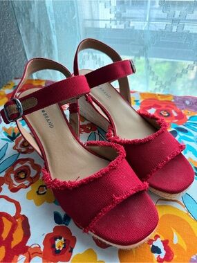 Lucky Brand Red Canvas Frayed Slingback Wedge Sandals